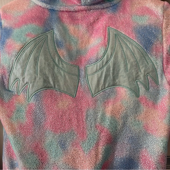 JUSTICE Girls Pajamas Size 8 One Piece Tie Dye Magical Dragon Hooded Tail Wings - Picture 4 of 6